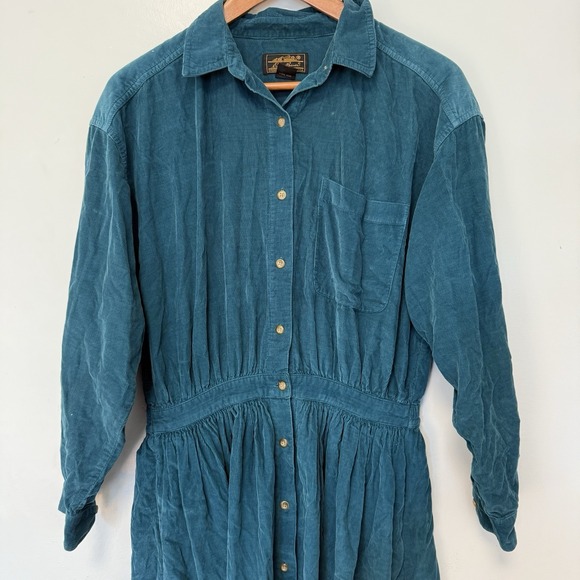 Vtg Eddie Bauer Teal Blue Large Petite Corduroy Button Up Dress Preppy Academia - Picture 2 of 8